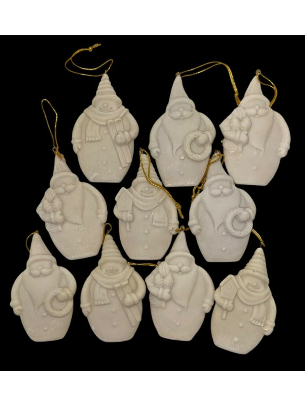 10 Ivory Porcelain Santa and Snowman Ornaments 4 x 3 in Holiday, Christmas 1lb